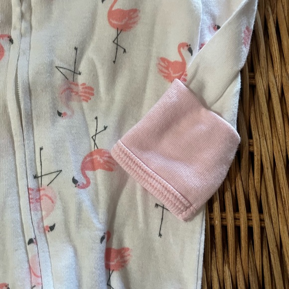 Baby Girl onesie with full footy’s in white & pretty pink flamingos    6-9 mo - Picture 3 of 4